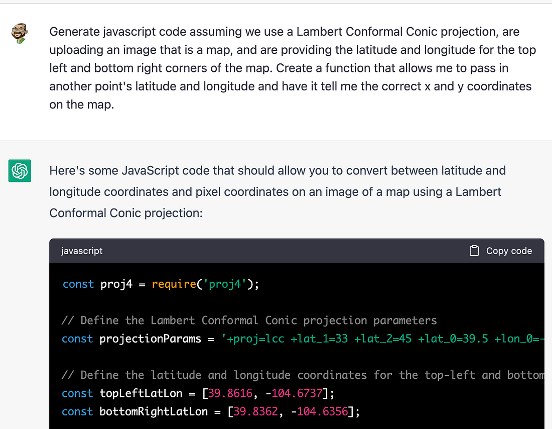 A real example of me asking GPT for code to do lat/long calculations