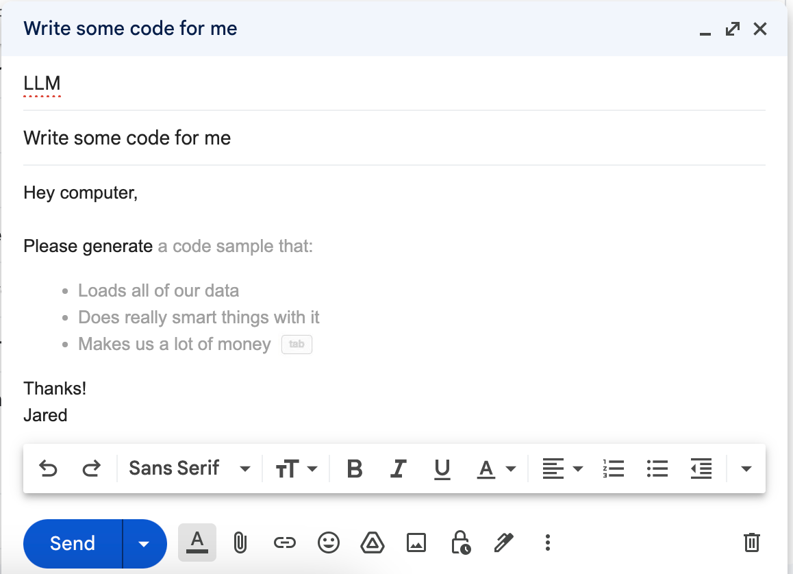 A fake screenshot of gmail implying it can write the whole email out.